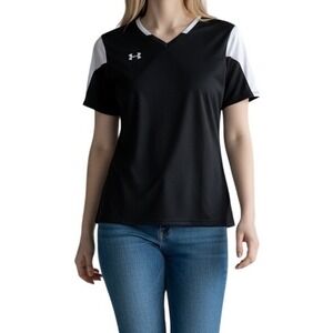 Under Armour HeatGear Womens V-Neck Athletic T-Shirt Black White LG Loose Fit